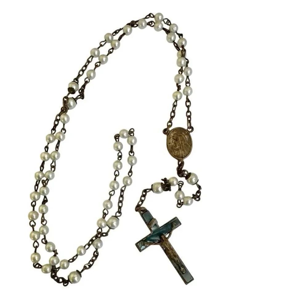 Faux pearl copper tone cross vintage rosary